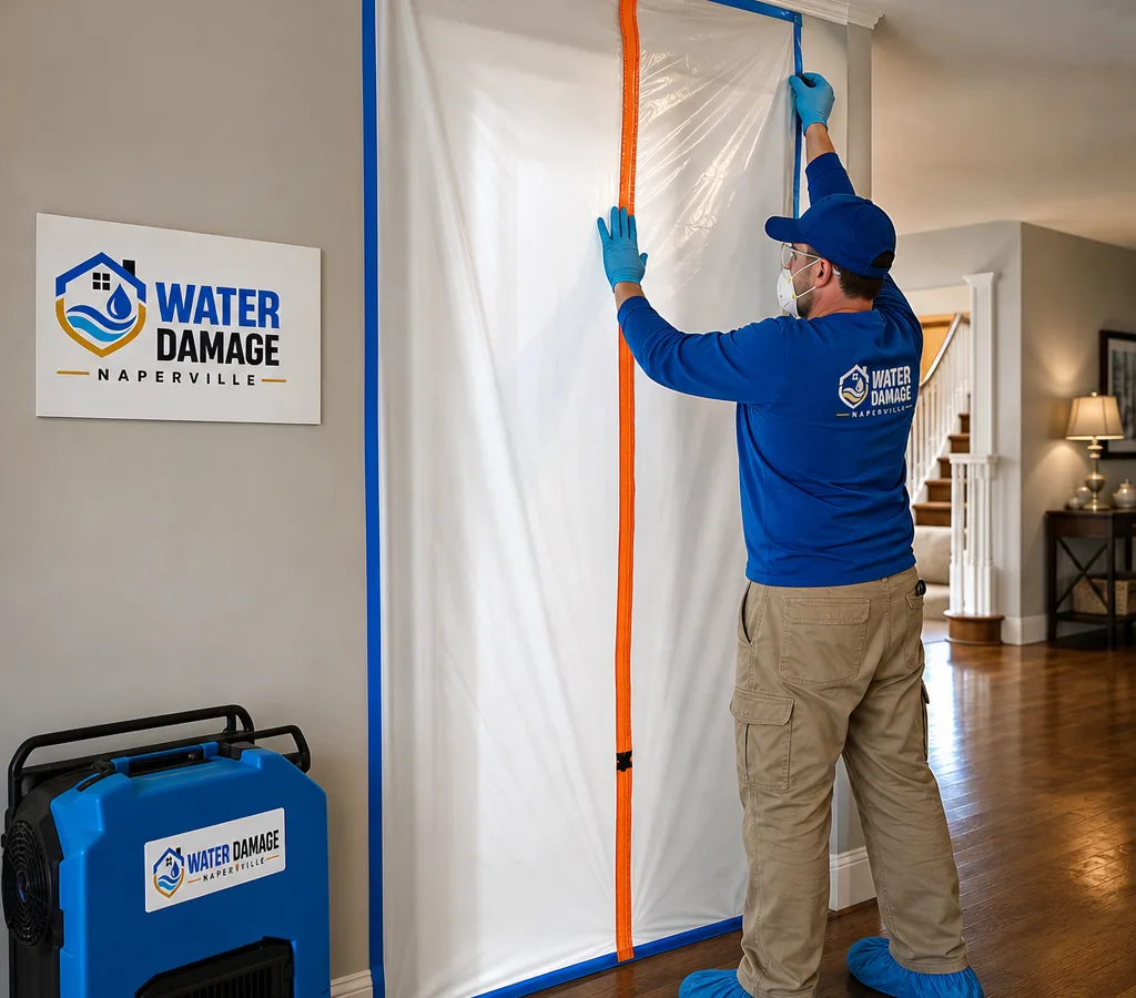 Technician setting up poly containment and an air scrubber outside a mold-affected room in a Naperville home