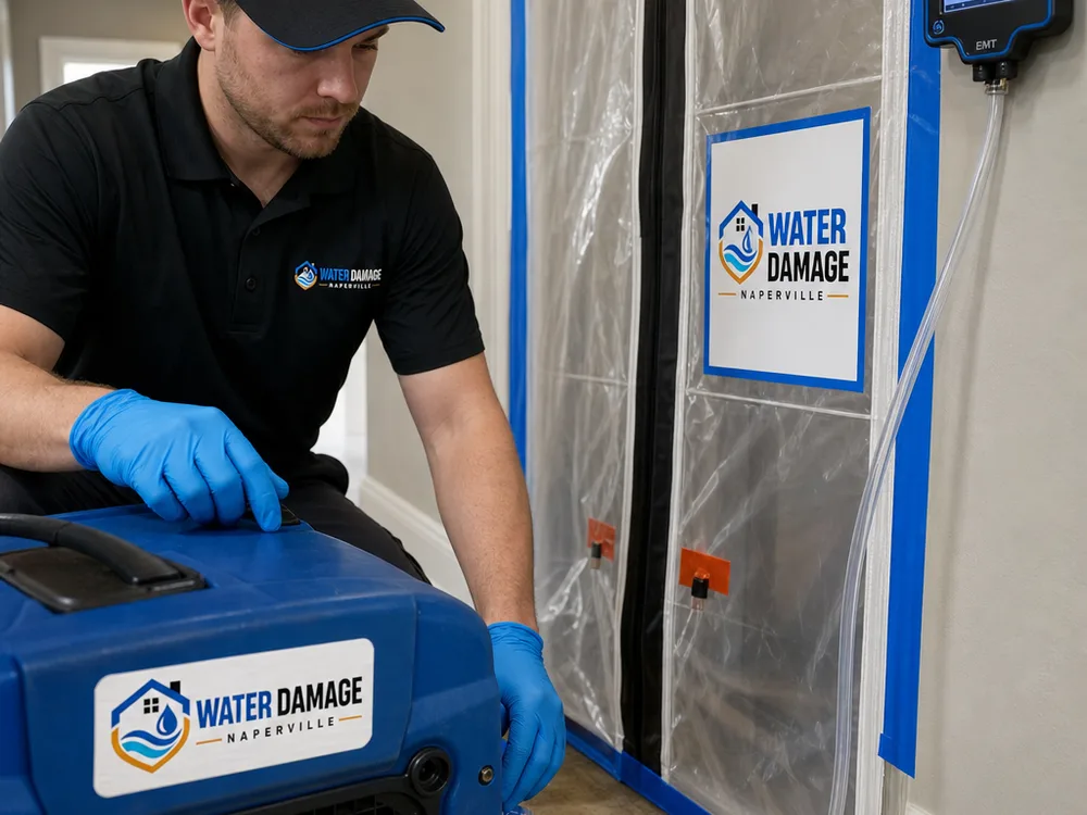 HEPA negative air machine operating beside sealed doorway containment with pressure-control tubing