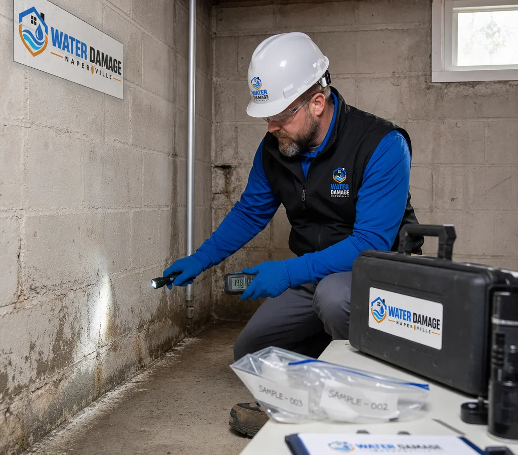 Certified inspector examining a residential basement corner with a moisture meter, flashlight, and sampling supplies