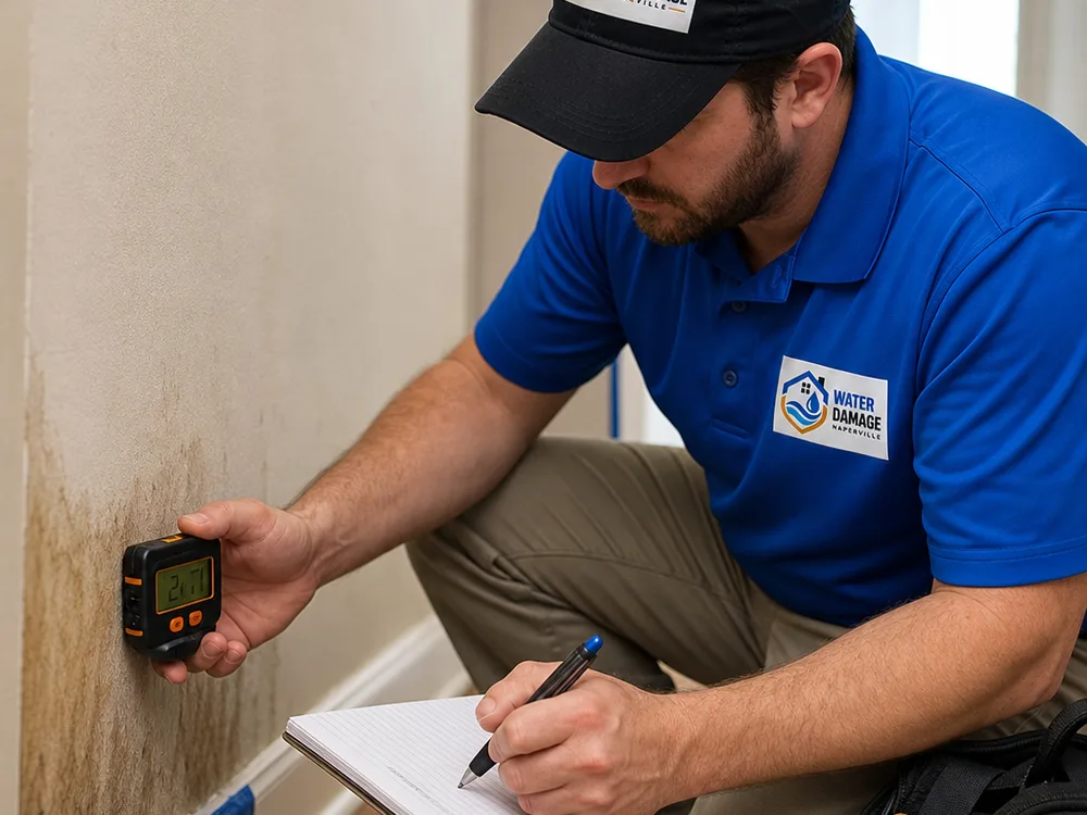Technician taking a moisture reading on drywall near a baseboard and documenting the location for an inspection report