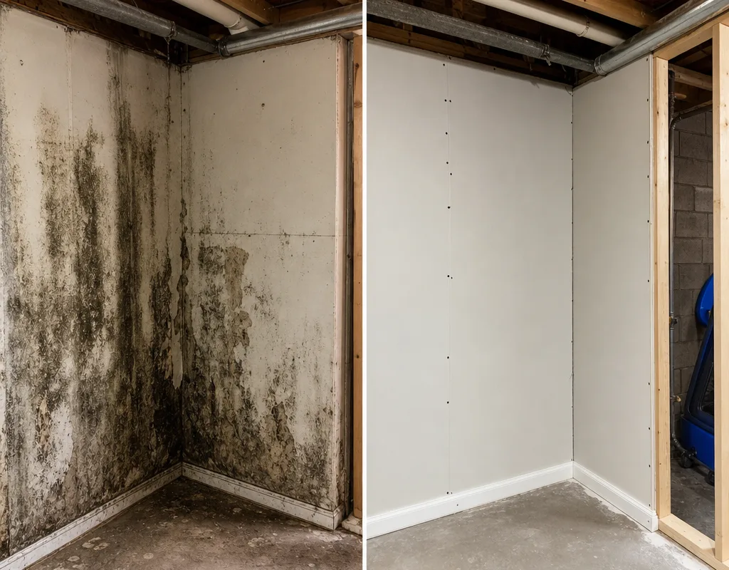 Before and after basement corner showing mold-stained finishes removed and clean framing prepared for new drywall