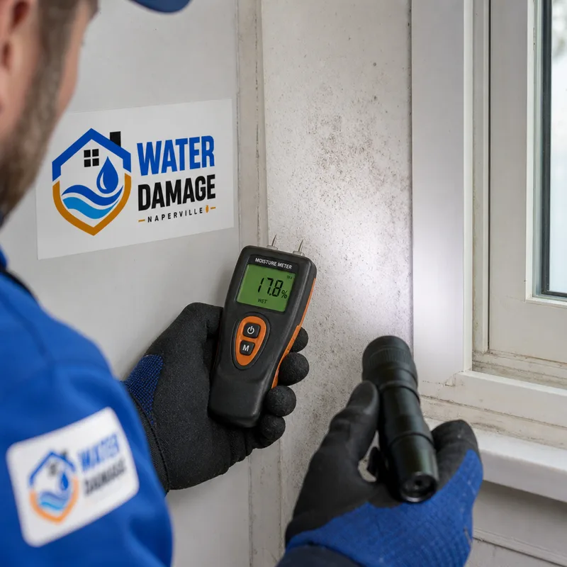 Technician checking moisture in drywall near a window with faint mold spotting