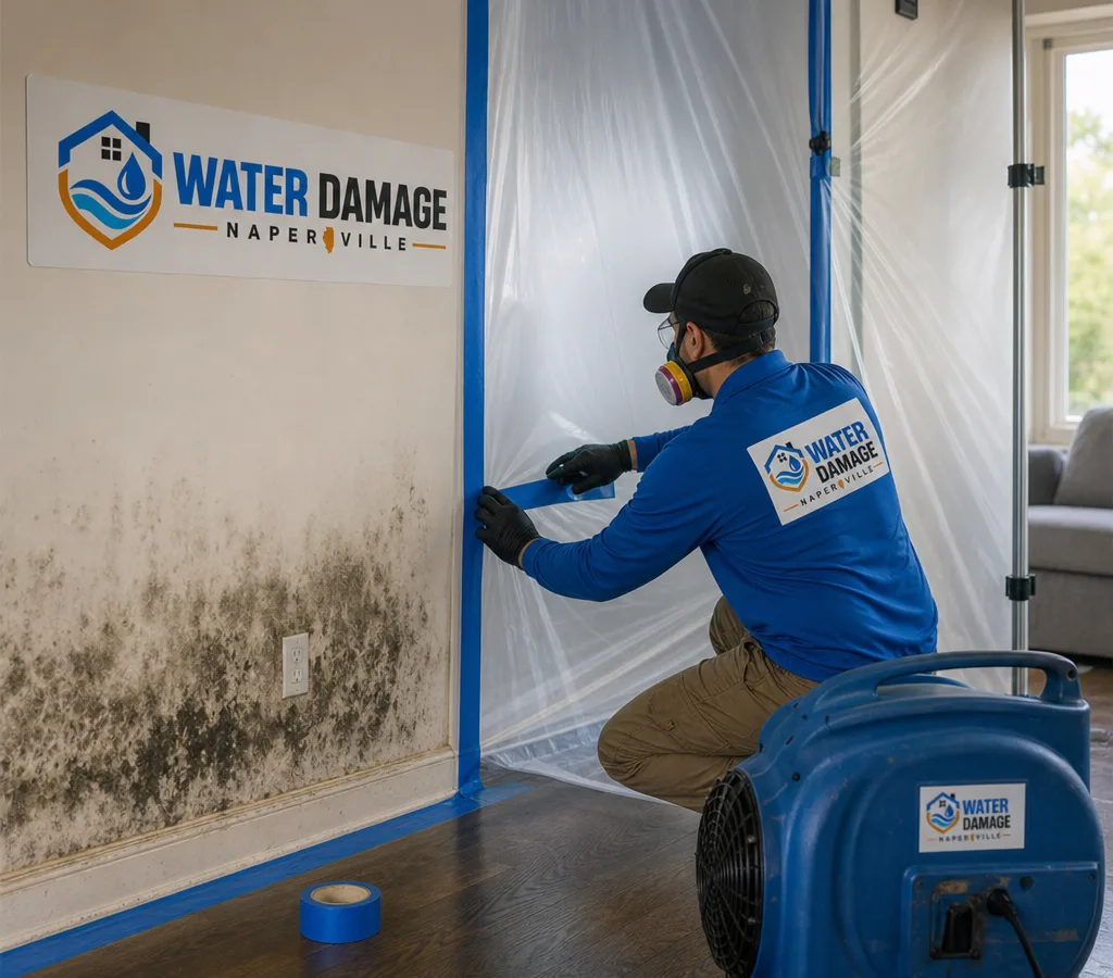 Technician in protective gear setting up containment beside mold staining and an operating air scrubber