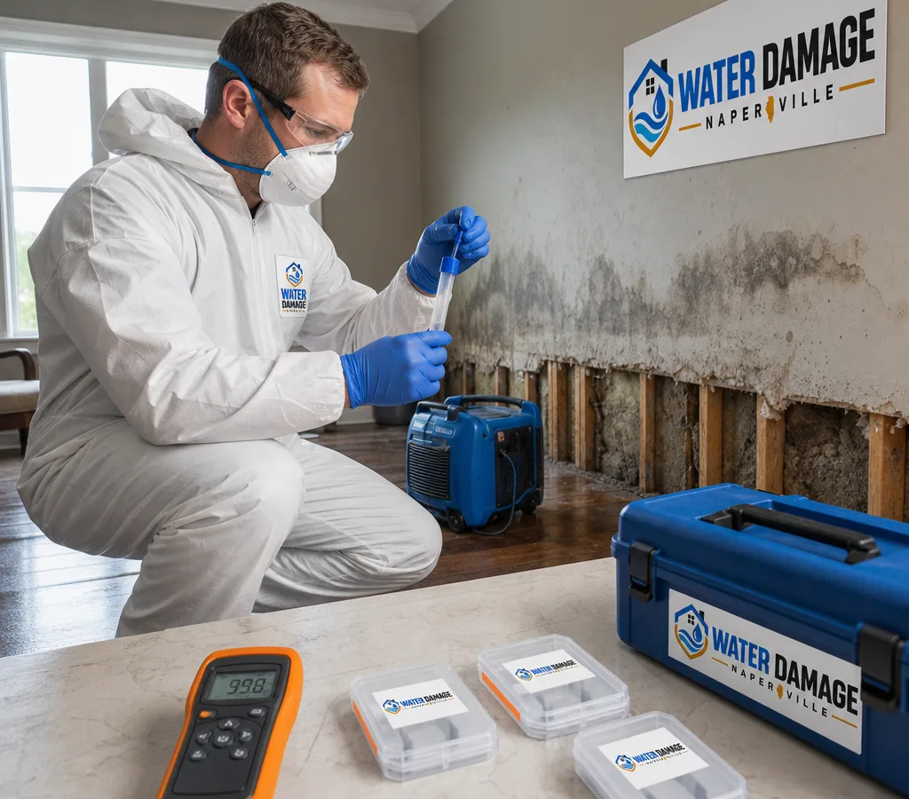 Inspector in protective gear collecting an air sample with a moisture meter and sample cassettes in a Naperville home