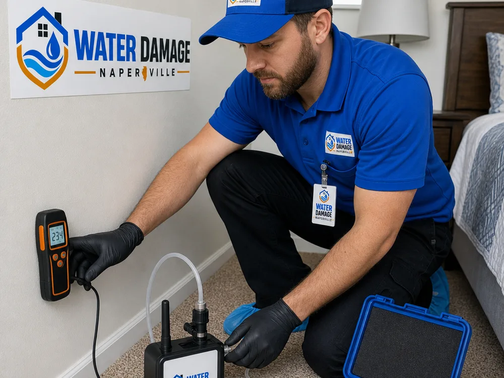 Technician checking drywall with a moisture meter and setting up an air sampling pump in a bedroom