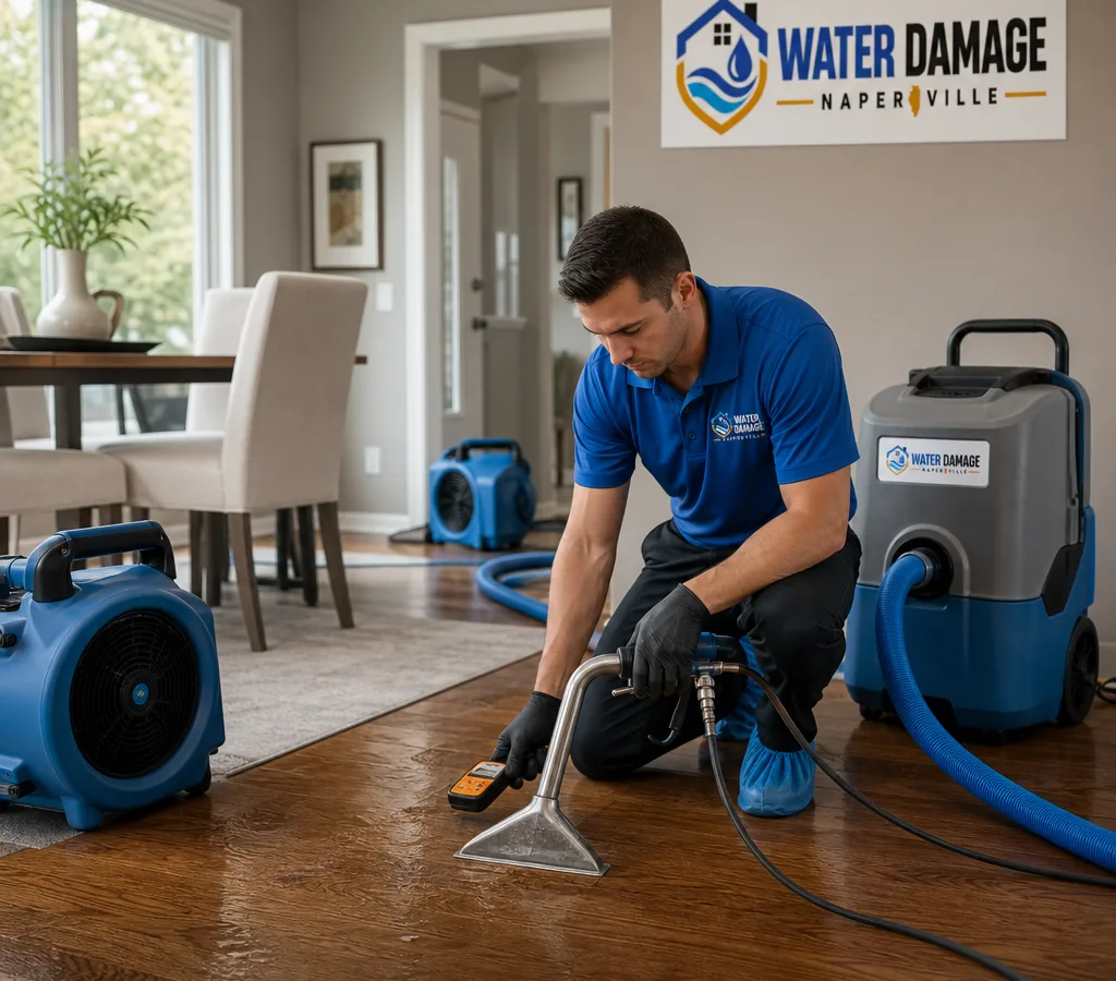 Technician extracting water and measuring moisture in a Naperville home