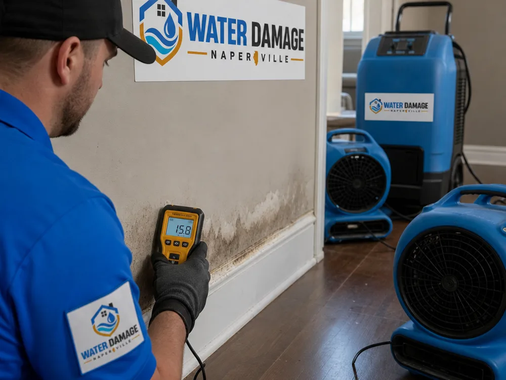 Moisture meter checking drywall while professional drying equipment runs