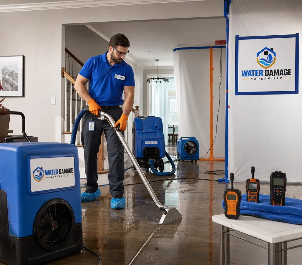 Restoration technician using extraction equipment and air movers on wet flooring in a Naperville-area home
