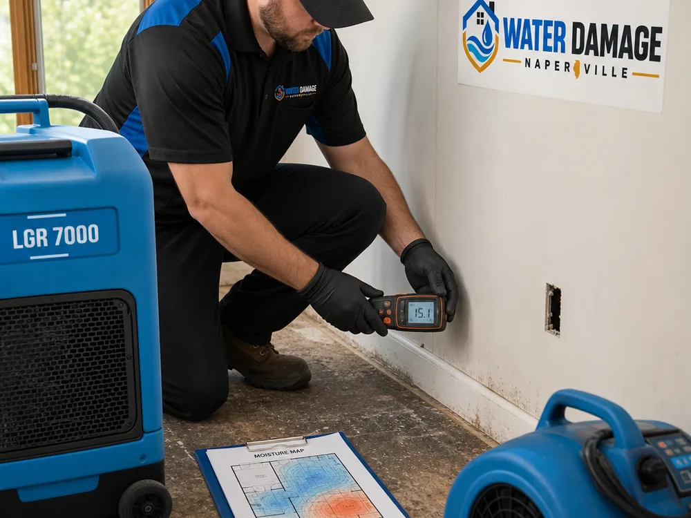 Moisture meter checking a baseboard and drywall beside professional drying equipment and a moisture map