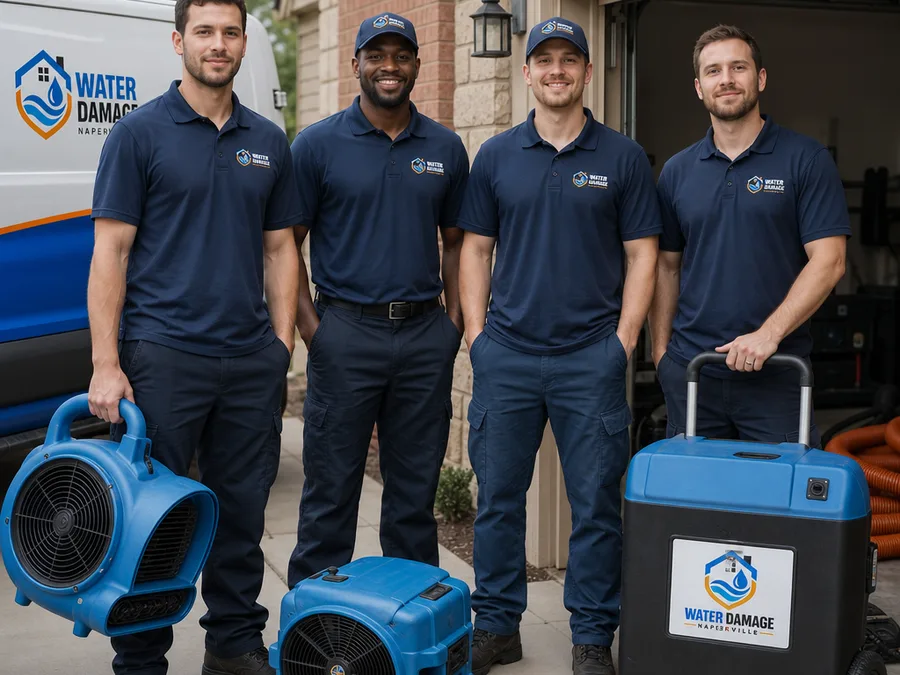 Uniformed Naperville restoration technicians with professional drying equipment